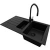 PRIMAGRAN Lavandino da Cucina Tutto Nero 90x50cm, Lavello in Granito a 1,5 vasche + Rubinetto 40x38cm + Set di accessori, Lavabo da Cucina Incasso al Mobile 60cm - Copenhagen Duo S028