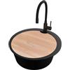 PRIMAGRAN Lavandino Rotondo Nero 53x53cm, Lavello in Granito a 1 vasca + Rubinetto 40x38cm + Set di accessori, Lavabo da Cucina Incasso al Mobile 50cm - Pise S061