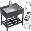 Afitdon Lavandino autoportante in acciaio inossidabile per esterni, lavello da cucina con scolapiatti e rubinetto estraibile e tubi dell'acqua calda e fredda, Kitchen Sink lavandino per il lavaggio delle mani