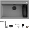 QUARECO Set Lavello 79×51 Prime 80 Granito Grigio e Miscelatore Harmony Monocomando Doccetta Estraibile Grigio Vaschetta Nera Inclusa
