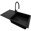 PRIMAGRAN Lavandino da Cucina Tutto Nero 90x50cm, Lavello in Granito a 1 vasca + Rubinetto 40x38cm + Set di accessori, Lavabo da Cucina Incasso al Mobile 60cm - Ibiza S066