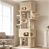 Hzuaneri Tiragraffi per Gatti, 203 cm, Beige, 2 Grotte, 7 Pali in Sisal | Albero per Gatti Multistrato da con Grande Piattaforma, Pompon, Cesta, Amaca, MS20318YL