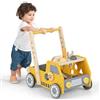 COSTWAY 2-in-1 Primi Passi per Bambini con Altezza Regolabile, Girello in Legno con Banco da Lavoro, Carrello da Spinta con Giocattoli Montessori, Velocità Regolabile, Spazio di Archiviazione