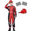 KUKIKUKI Costume da pilota di auto da corsa Ragazzi Tuta da pilota con berretto per auto Bambini Vestiti per Halloween (Rosso, 130)