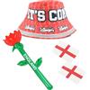I LOVE FANCY DRESS LTD Cappello a secchiello dell'Inghilterra, rosa e tatuaggi, cappello a secchiello rosso con tre leoni, tatuaggi gonfiabili con rosa inglese e bandiera inglese, accessori per costume