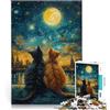 LKSDCBOT Puzzle per adulti da 1000 pezzi Gatti innamorati nella notte stellata Fatto di legno，per 14+ Vacanza a casa: uccidere il tempo Decorazione da parete Regali unici per compleanno e Natale。