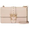 Pinko Love One Classic, Borsa a Tracolla in Pelle Beige con Chiusura a Patta, Dettaglio Uccelli Dorati, Divisorio Interno con Cerniera, Misure 27 x 16.5 x 7 cm.