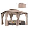Outsunny Gazebo da Giardino 4x3 m con 6 Pareti Rimovibili, Gazebo da Esterno con Doppio Tetto, Fori di Drenaggio, Struttura in Acciaio, per Giardino Terrazzo Feste Patio, Cachi
