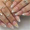Vesavifaka Press on Nails, Unghie Finte a Mandorla 3D con Fiocco e Linea Dorata, French Tip Design, Unghie Acriliche Glitter da Incollare per Donne, Press on Nails Corti, 24 Pezzi