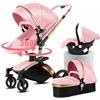 MoLi Pelle PU Passeggino Trio, Passeggino 3 in 1 con Sedile Convertibile 360°, Trio Passeggini Neonati con Grande Navicella, Carrozzina per Neonati in Alluminio Pieghevole Alta Paesaggio (906 Pink)