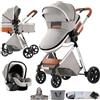 Nine point nine Trio Passeggino Neonati, Passeggino 3 in 1 con Doppia Modalità Spinta Reversibile, Carrozzina per Neonati con Grande Nacelle, Passeggino Trio con Telaio in Alluminio (V9 Light Grey)