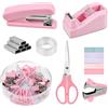 EUIEUT Set di Accessori da Scrivania con 1000 Punti Set di Cucitrici, Cucitrice, Dispenser di Nastro Adesivo, Forbici, Foglietti Adesivi Set di Forniture per Ufficio per Scuola e Ufficio, Rosa