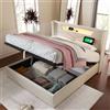LAKFEW Letto Matrimoniale Imbottito Letto160x200 cm con LED-Testiera e Ricarica-USB, Giroletto Matrimoniale Letti Matrimoniali con Contenitore Idraulico, Senza Materasso, Lino, Beige