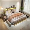 KeepGoon Letto matrimoniale 180 x 200 cm, letto imbottito con luci a LED, 4 cassetti in ferro e una porta di ricarica USB, telaio letto, tessuto di lino (Beige)