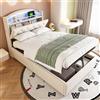 Ymkua Letto Imbottito per Bambini 90x200 cm, Letto Singolo con LED e USB Typ-C Porta, Bed frame con Contenitore Testata e Rete a Doghe, Sistema Stoccaggio Idraulico, Velluto Senza Materasso (Beige)
