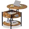 WLIVE Tavolino Rotondo Sollevabile con 3 Ripiani - Piano Alzabile con Meccanismo Morbido e Silenzioso, Scomparto Segreto - 68x68x49 cm, 50 kg, Quercia Rustica