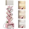 Evermagin Libreria ad albero a 6 livelli con luce, torre stretta, scaffale alto, organizer per libri, armadietto, per soggiorno, camera da letto e ufficio domestico, rosa