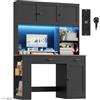FirFurd 180cm Scrivania con Cassetti, Scrivania Gaming con Luci a LED e Prese, Scrivanie con 3 Ante, con Libreria a 2 Ripiani, Ripiani Regolabile, per Studio, Ufficio, Cameretta, 120x50x180cm (Nero)