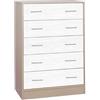 Generic Cassettiera 5 Cassetti 79 x 40 x 114h Bianco/Rovere per Soggiorno,Corridioio,Bagno,Sala Pranzo