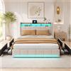 KeepGoon letto matrimoniale con 4 cassetti, 160 x 200 cm, Telaio per letto imbottito con stazione di ricarica USB e testiera illuminata a LED, con contenitore, colore beige