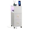 ChromaCasa Comodino stretto con illuminazione a LED e stazione di ricarica - Comò a 4 ripiani con 2 AC + 2 USB, 2 cassetti, luce Bluetooth, bianco, 66 x 30 x 25 cm, armadio a nicchia come tavolino o ripiano