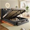 Ymkua Letto Imbottito 140x200 cm, Letto Matrimoniale con LED Licht e Cassetti di Contenimento, idraulica Bed frame con Contenitore e Testata e Rete a Doghe, Velluto, Grigio, Senza Materass