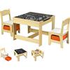 RELAX4LIFE Tavolino Bambini con Sedie, Tavolino Legno 3 in 1, Tavolo per Bambini con Piano Reversibile (Lavagna/Bianco) e 2 Sedie con Cassetti (62 x 62 x 48,5 cm, Naturale)