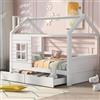 Trdlpyn Letto Montessori Bambini 90 x 200cm con Rete a doghe e 2 Cassetti, in legno massello,Letto a Casetta con finestra, protezione dalle cadute, letto da Pavimento per Ragazzi e Ragazze