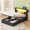 Huayz Lettino imbottito per bambini, 90 x 200 cm, con striscia luminosa a LED, lettore Bluetooth e ricarica USB, in pelle PU, con contenitore a soppalco, letto per ragazzi con rete a doghe (nero, 90 x