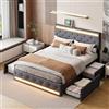 JYNVO Letto Matrimoniale Contenitore 160x200 cm, Letto Imbottito con 4 Cassetti e Illuminazione LED, Porte USB, Testiera Regolabile, Rete a Doghe, Lino, Grigio Scuro