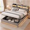 UTTQEW Letto Cassapanca 160 x 200 con LED e porte USB, Letti idraulici con ripiani aperti e ripostiglio nascosto in testiera imbottita, letti matrimoniali con doghe in legno, velluto, grigio