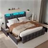 XMETPR Letto Matrimoniale Ricoperto 140x200cm, Cornice Funzionale con 4 Cassetti, Illuminazione LED, 2 USB e 2 AC Stazione di Carica, Listelli in Legno, Letto in Lino, Letto a Piattaforma, Grigio