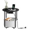 WOLTU Tavolino Rotondo con Cestino Rimovibile, Tavolino da Divano con 2 Prese, 1 Porta USB e 1 Porta Type-C, Struttura in Metallo, per Soggiorno, Camera da Letto, Ufficio, Ø 45xA 50 cm, Nero+Grigio