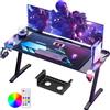 Himimi Scrivania Gaming LED 160 x 70 CM, Tavolo Gaming Ergonomica, Postazione Gaming Dotato con Piano del Tavolo in Fibra di Carbonio, Scrivania per Computer con Porta Bicchiere e Ganci per Cuffie