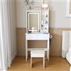 LULUWA Piccolo tavolo da toeletta bianco con specchio, illuminazione a LED regolabile e presa elettrica, incluso sgabello imbottito, spazio nascosto e ripiano salvaspazio, per piccole camere da letto