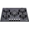 Generico Piano Cottura a Gas 75 cm, 5 Fuochi, Vetro Temperato Nero, Griglie in Ghisa, Accensione Automatica, Bruciatore Wok 3500W, Metano e GPL