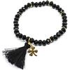 Generic Bracciale elastico cristalli neri da 4x6 mm con nappina e quadrifoglio in acciaio color oro