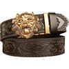 DFGGE Cintura Da Uomo in Pelle, Fibbia A Scorrimento Automatica Dorata Con Testa Di Leone Ardente Selvaggio Re Animale Cinture A Cricchetto Da Larghe 35Mm Regolabili,Nero,120cm/waist:40~42