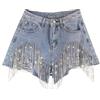 Fulidngzg Pantaloni Corti Donna,Short Jeans Donna con Frange e Perle Pantaloncini Glamour Denim Vita Alta Cristalli Bottone Metallico Bermuda Curvy Eleganti per Look Serale da Festa Stravagante