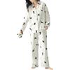 E-girl 3P3289 - Pigiama da donna in cotone, con motivo a gatto, con colletto rovesciato, a maniche lunghe, avorio, 46