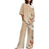 Generic Pigiama Cotone Donna Lungo Abiti Estivi per Donna 2 Set di Lino in Cotone T-Shirt Oversize Pantaloni a Gamba Dritta Tuta Taglie Forti Camicia da Notte Donna Pijama Donna Cotone (Green, XXXL)
