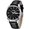 SKMEI - Orologio da polso da uomo, in pelle marrone, stile classico, al quarzo, impermeabile, da lavoro, da lavoro Cinturino nero + cassa argento + quadrante nero