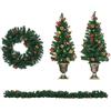 HOMCOM Decorazioni Natalizie con Luci LED e Bacche Rosse, Set 4 Pezzi con 2 Alberelli di Natale Φ40x90 cm, una Ghirlanda Natalizia e una Corona di Natale