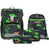 Step by Step Set di 5 zaini per la scuola Cloud ergonomici con riflettori, regolabile in altezza con cintura in vita, a partire dalla prima classe, 19 l, Black Cat Chiko, Grigio/Verde