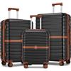 KONO Set 3 Valigie Rigide ABS+PC Trolley con 8 Ruote Leggero (55+66,5+76,5 cm, Nero/Marrone)