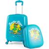 RELAX4LIFE Set Valigia Bambini 2 in 1 Dinosauro Surfer Azzurro Turchese (Trolley16 + Zaino 12) con Ruote 360°, Maniglia Regolabile, Zaino con Piedini | ABS Resistente | Ideale per Viaggi e Scuola