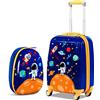 GYMAX Trolley Per Bambini, Set di Valigia & Zaino Scuola Carino (12+18, Astronauta 1)