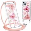 Coalbooliy Magnetica Custodia per iPhone 15 6,1 con Cordino, Trasparente Estivi Aesthetic Modello Fiore Rosa Disegni Cover Case Compatibile con MagSafe Protezione con Collana Girocollo Femmina, 10