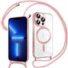 Pnakqil Magnetica Cover con Cordino per iPhone 13 Pro Max, Compatibile con Magsafe Ricarica Wireless, Trasparente Placcatura Disegno Custodia con Collana con Regolabile Laccio Tracolla, Rosa