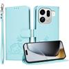 YUECXIN Custodia per Oppo Find X9 Pro 5G con Cordino, Case in PU Pelle a Libro Carino Gatto Flip Caso Magnetica Portafoglio Blocco RFID Carta Slot Antiurto Cover, Verde Chiaro